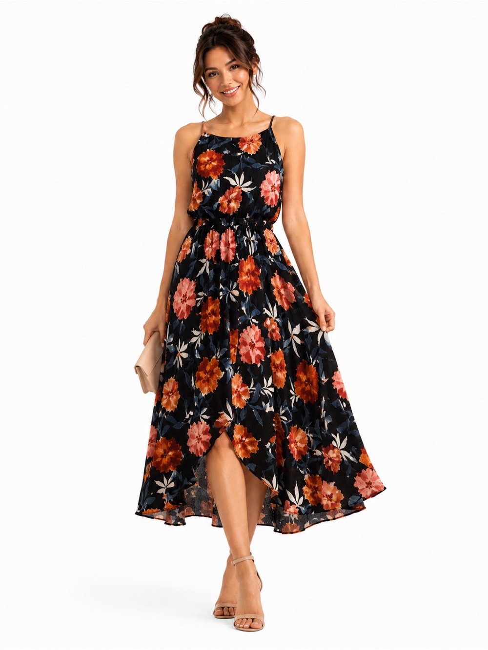 Black Floral High-Low Spaghetti Strap Dress with Orange Blooms